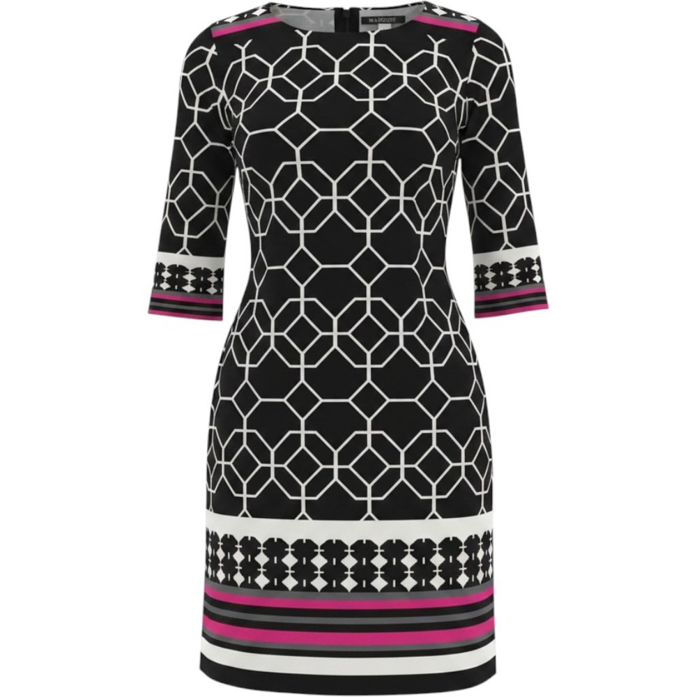 Haani Womens Geometric Print Sheath Dress Black White Pink 3/4 Sleeve Medium